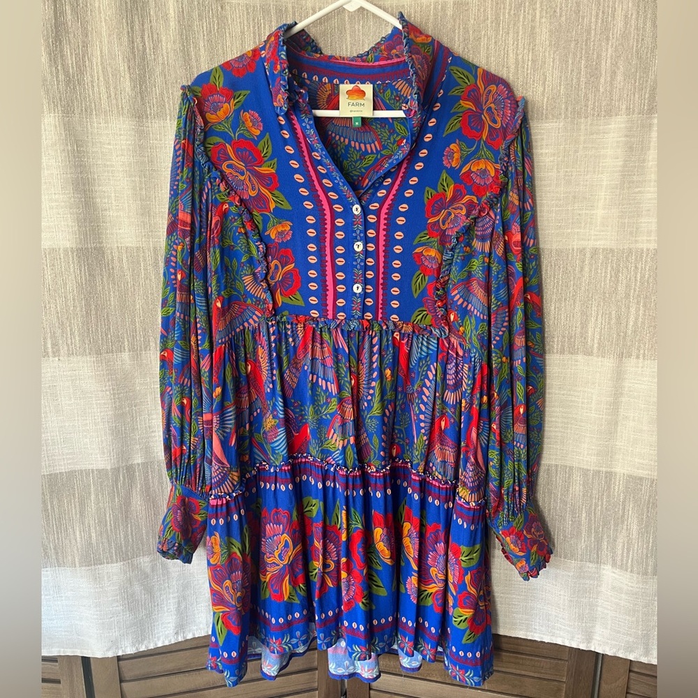 Farm Rio • Blue Macaw Flight Mini Dress size M